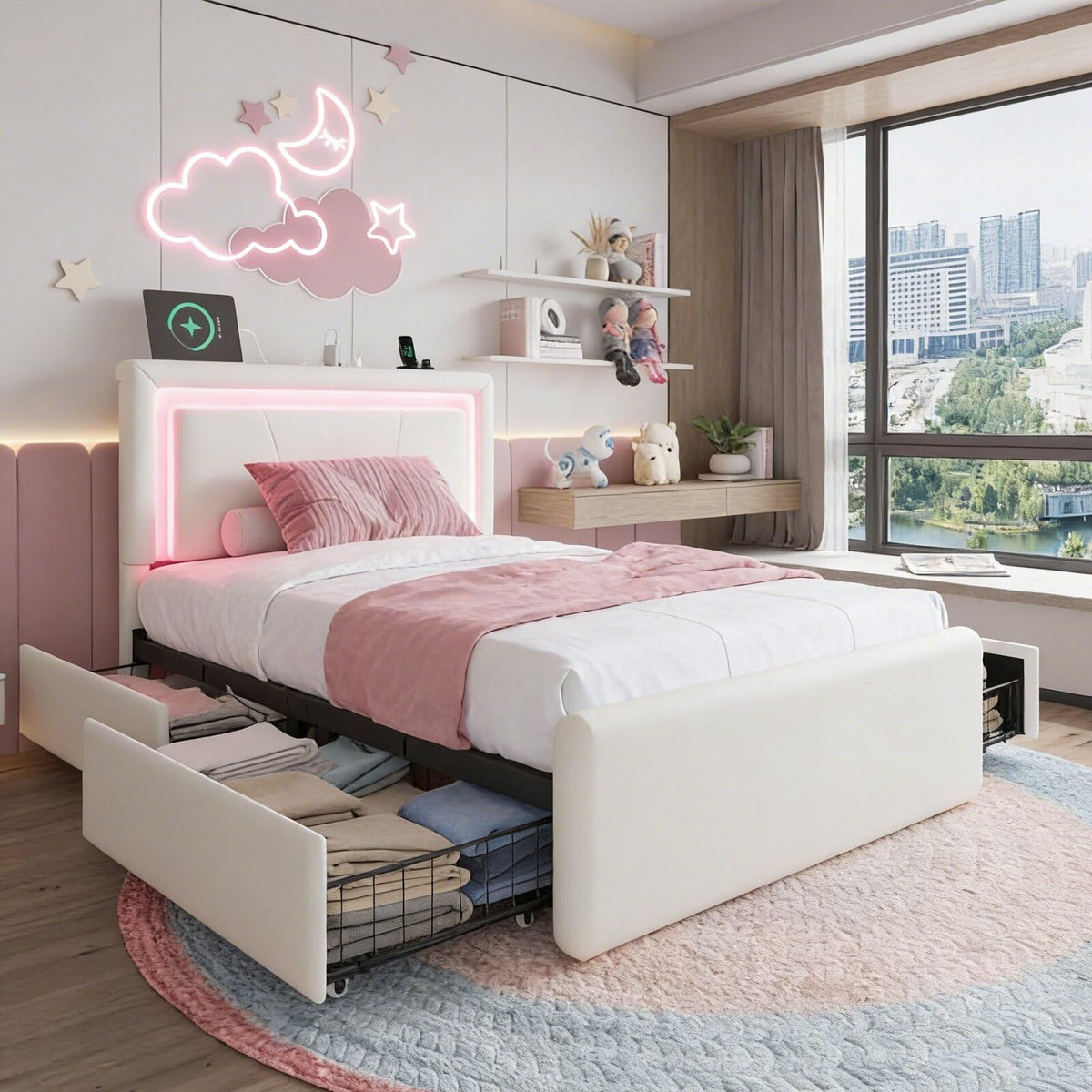 White Twin Size Bed Frame with 4 Storage Drawers Y5788