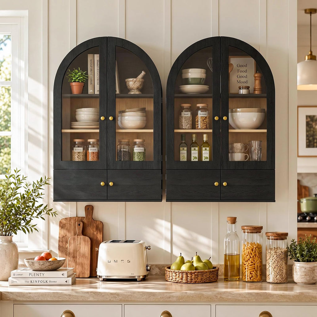 Black Arched Wall Mounted Cabinet with Glass Doors L58476