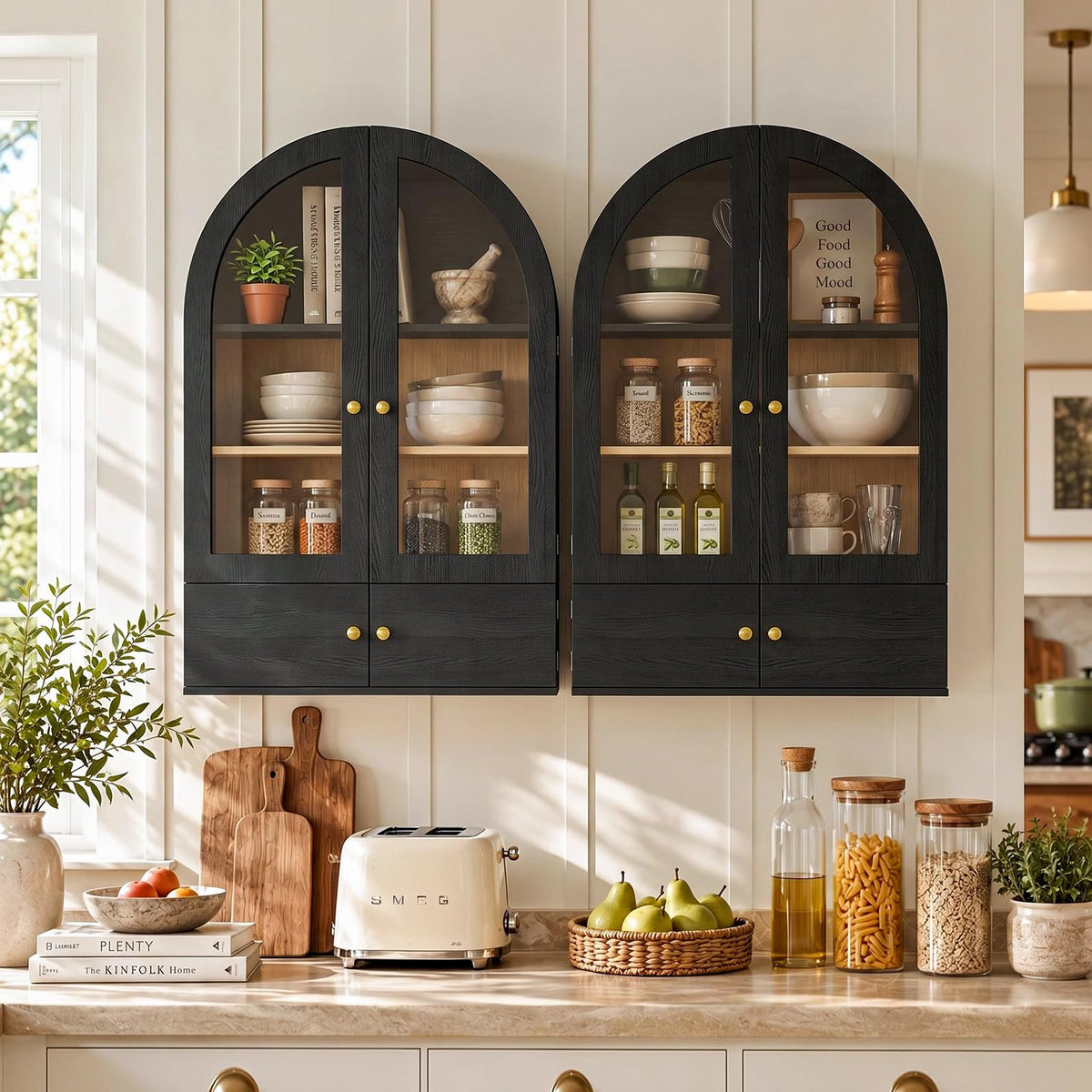 Black Arched Wall Mounted Cabinet with Glass Doors L58476