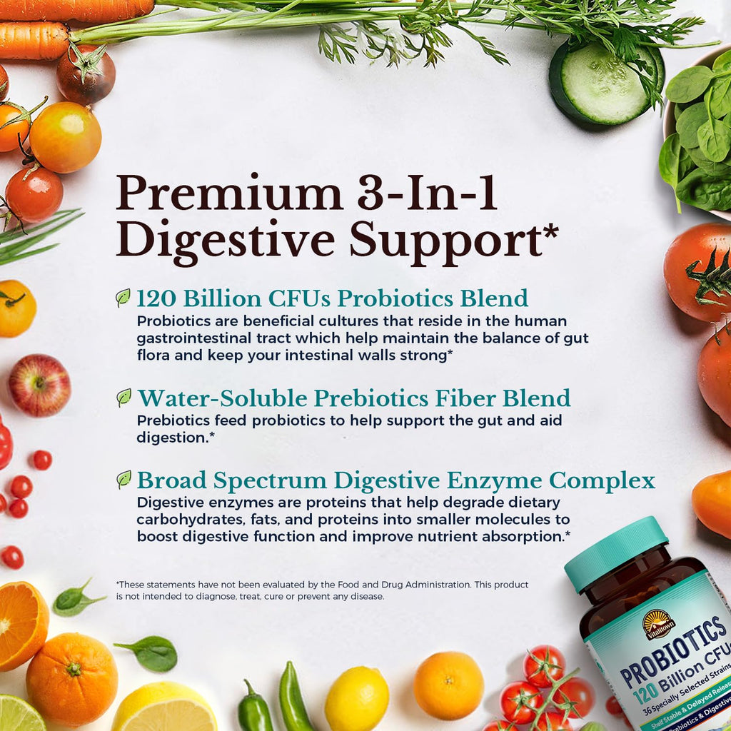 Probiotics 120 Billion CFUs 36 Strains with Prebiotics & Digestive Enzymes 30 Veg Caps T384361