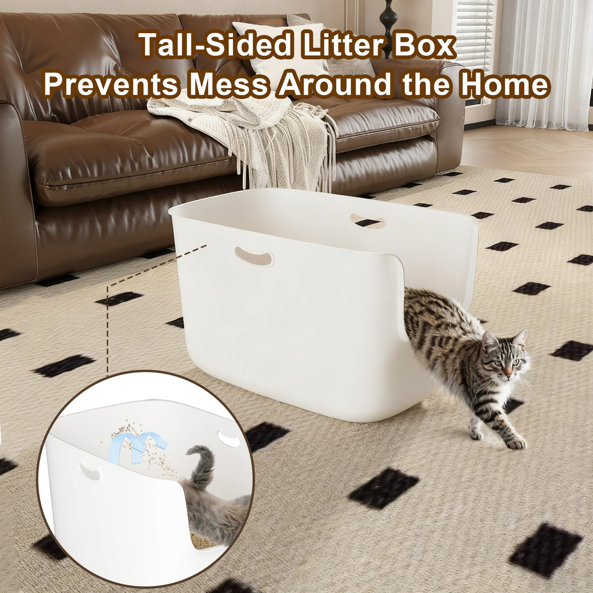 Extra Large High Sided Low Entry Open-Top Cat Litter Box White T8402