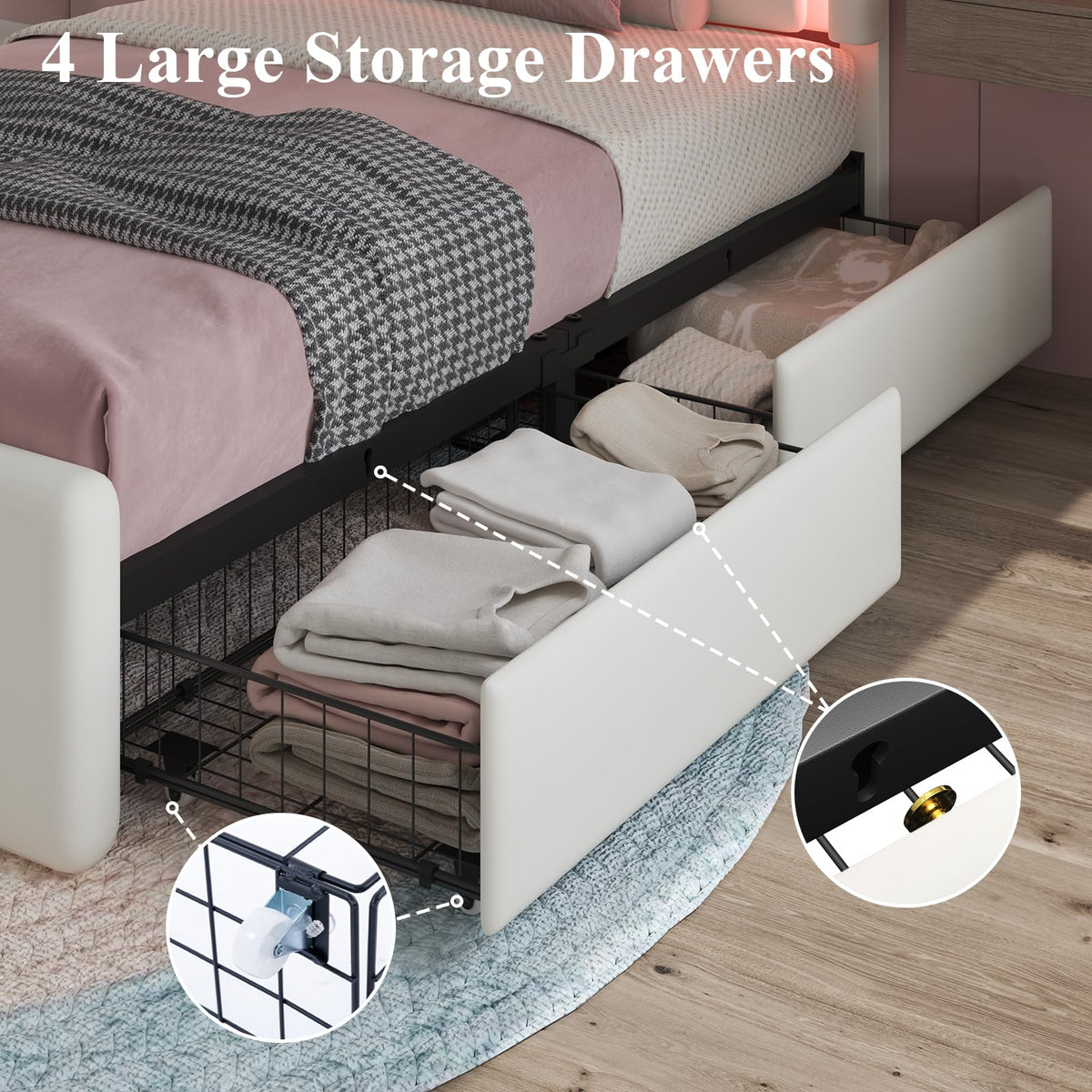 White Twin Size Bed Frame with 4 Storage Drawers Y5788