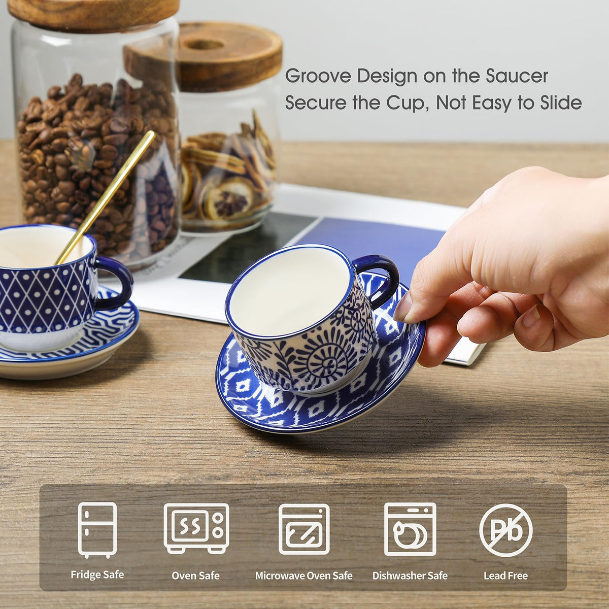 Ceramic Dinnerware Sets 12 Piece Cappuccino Cups with Saucers and Metal Stand I94814