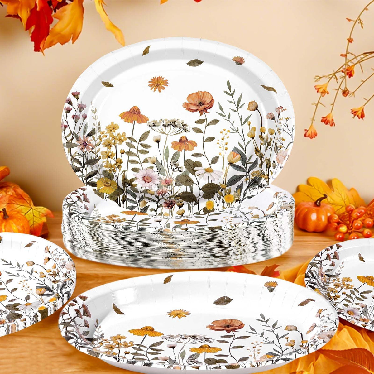 50Pcs Fall Oval Paper Plates 10" x 12" Heavy Duty Disposable Platters Y13521