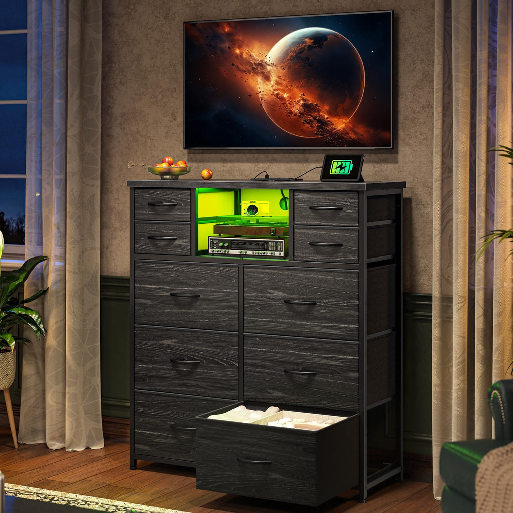 Black 10 Drawer Dresser with LED & Charging Station J841
