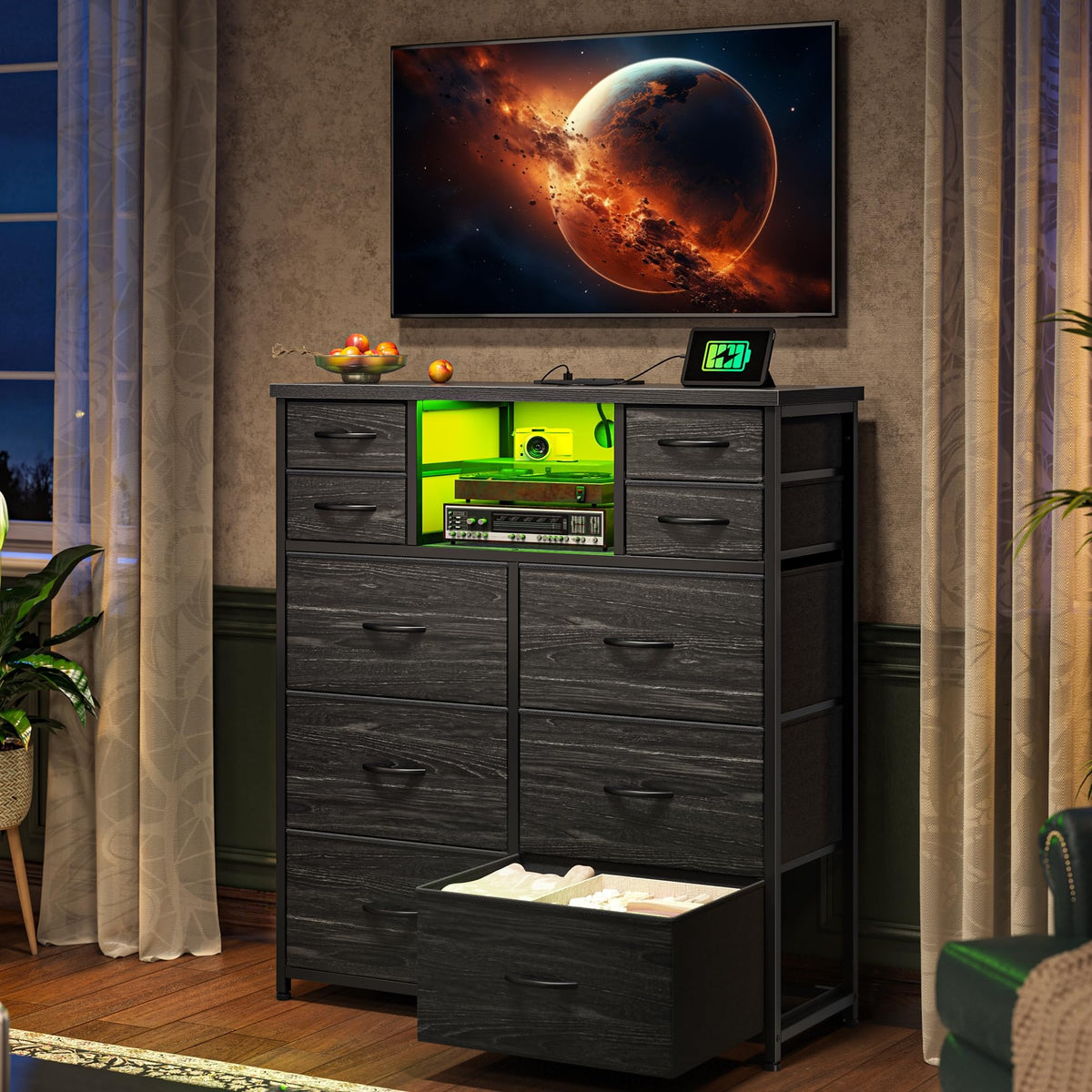 Black 10 Drawer Dresser with LED & Charging Station J841