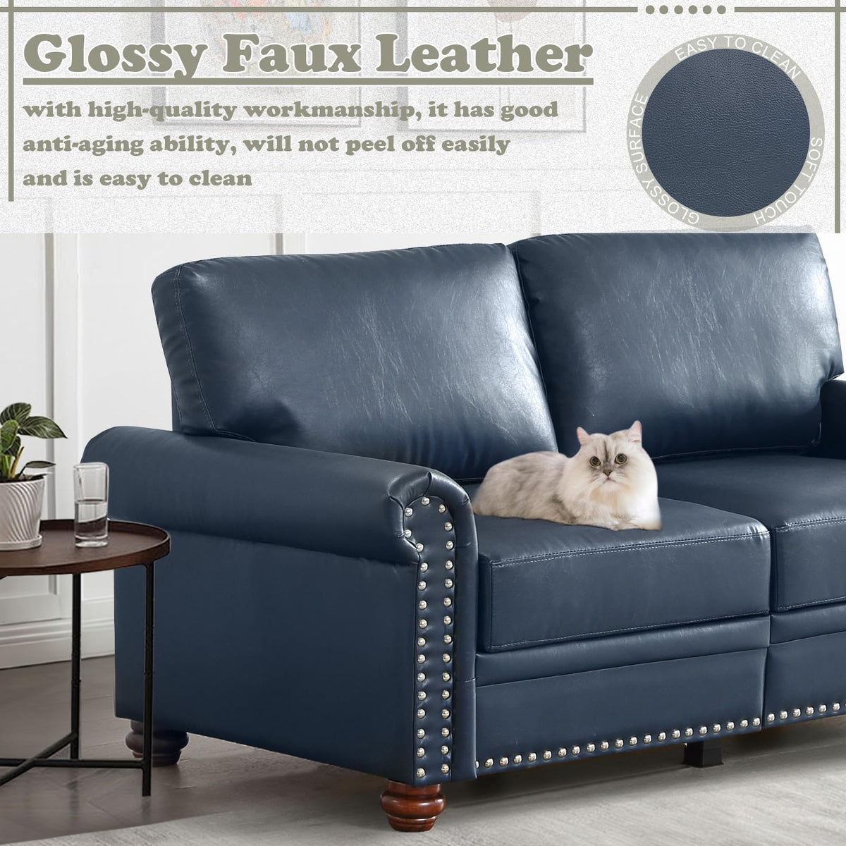Navy Blue PU Leather Storage Loveseat Sofa C431
