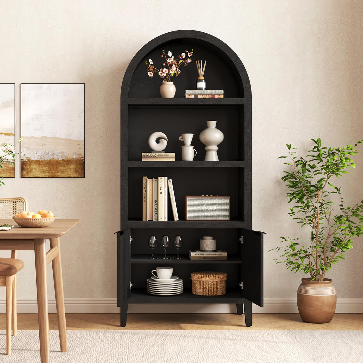 Black 5-Tier Arched Bookshelf with Fluted Doors N67108