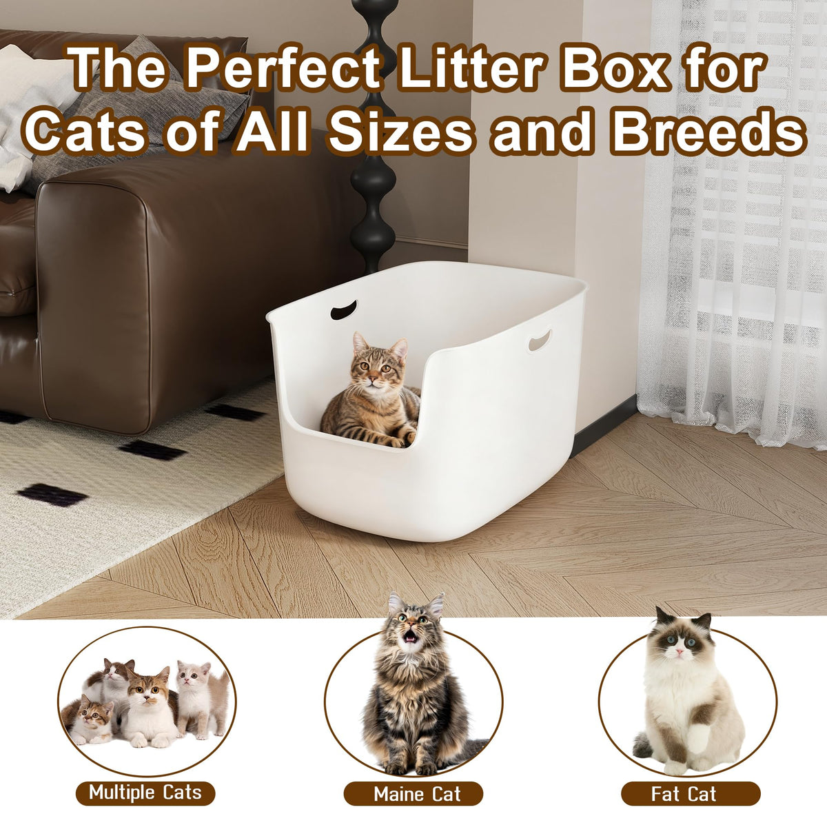 Extra Large High Sided Low Entry Open-Top Cat Litter Box White T8402