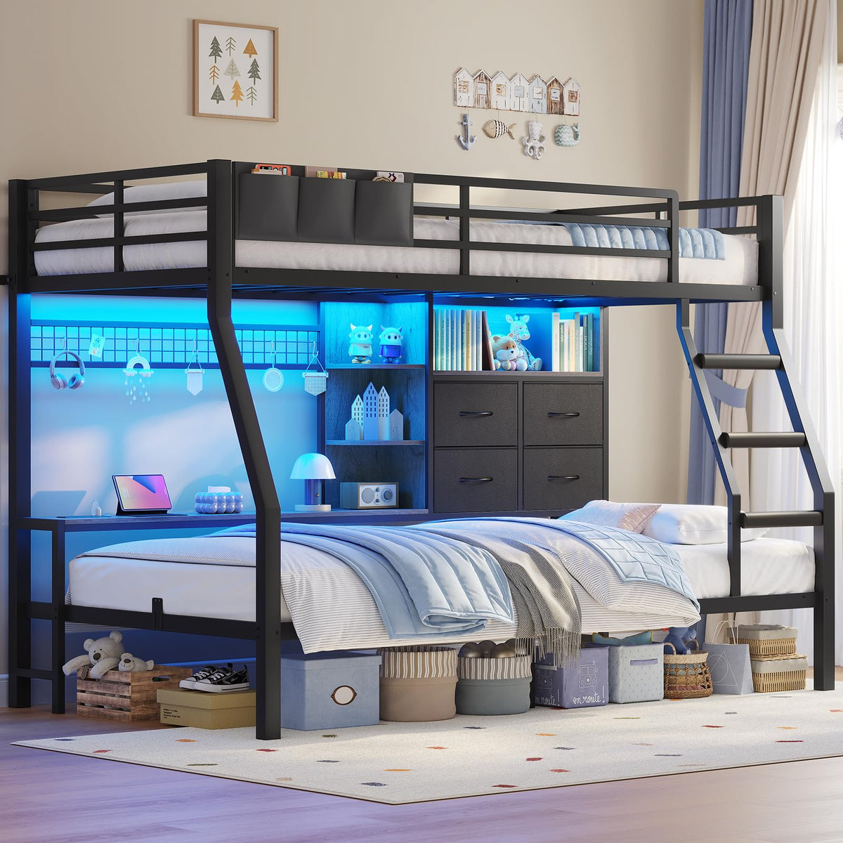 Black Twin Over Twin Bunk Bed with Charging Station & LED Lights C27928