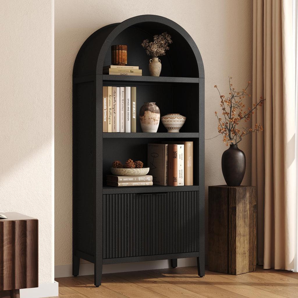 Black 5-Tier Arched Bookshelf with Fluted Doors N67108
