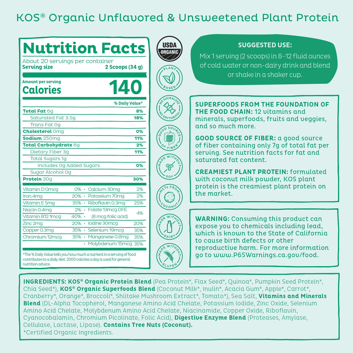 Vegan Protein Powder, Unflavored & Unsweetened Pea Protein Blend, 20 Servings K38029