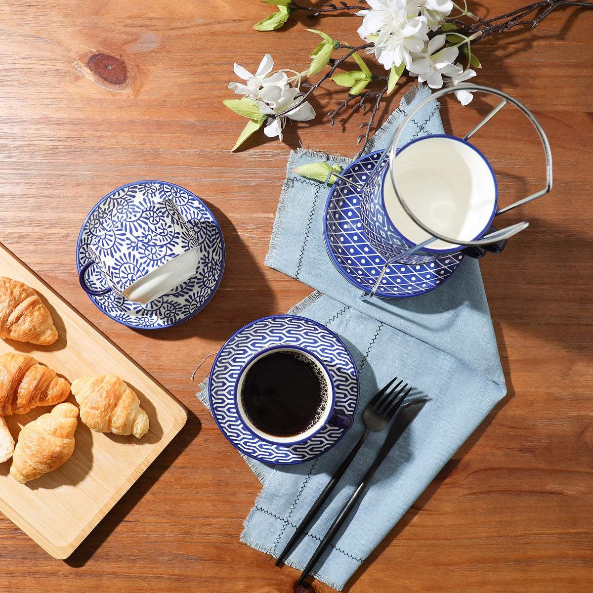 Ceramic Dinnerware Sets 12 Piece Cappuccino Cups with Saucers and Metal Stand I94814