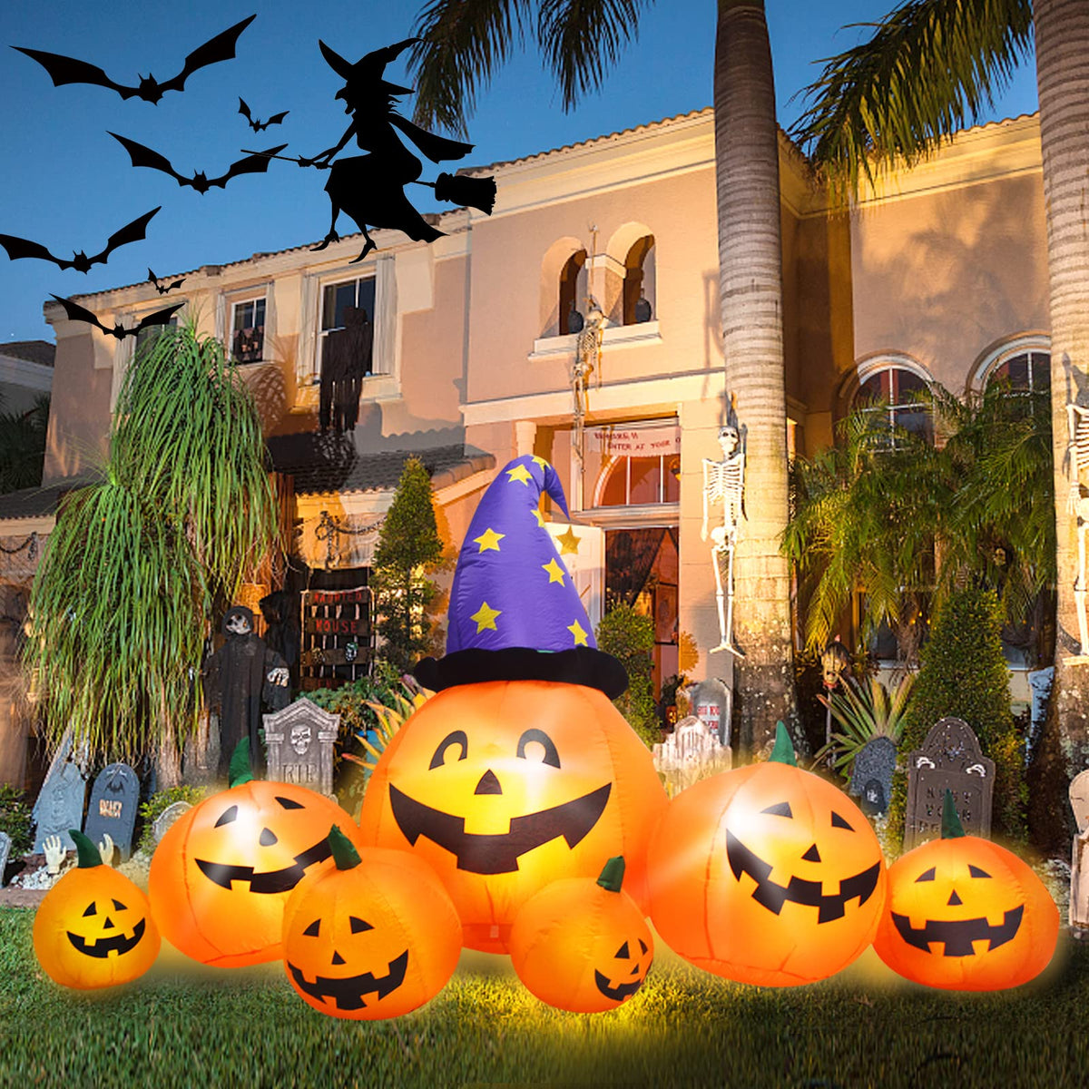 8 FT Inflatable Pumpkins and Witch Hat with Built-in LED Lights S659140