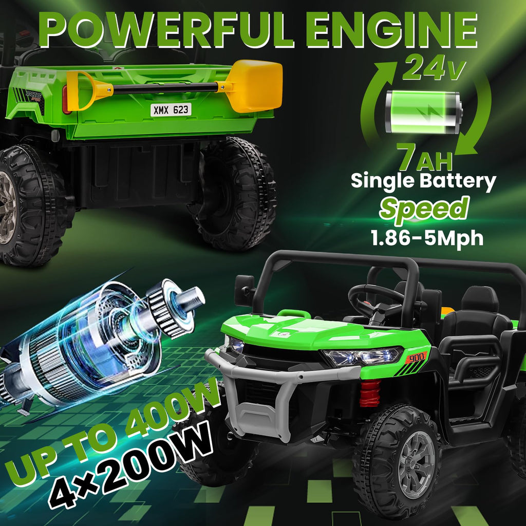 24V 4WD Ride on Truck Car with Dump Bed, 2 Seaters, Remote Control, Green N2511