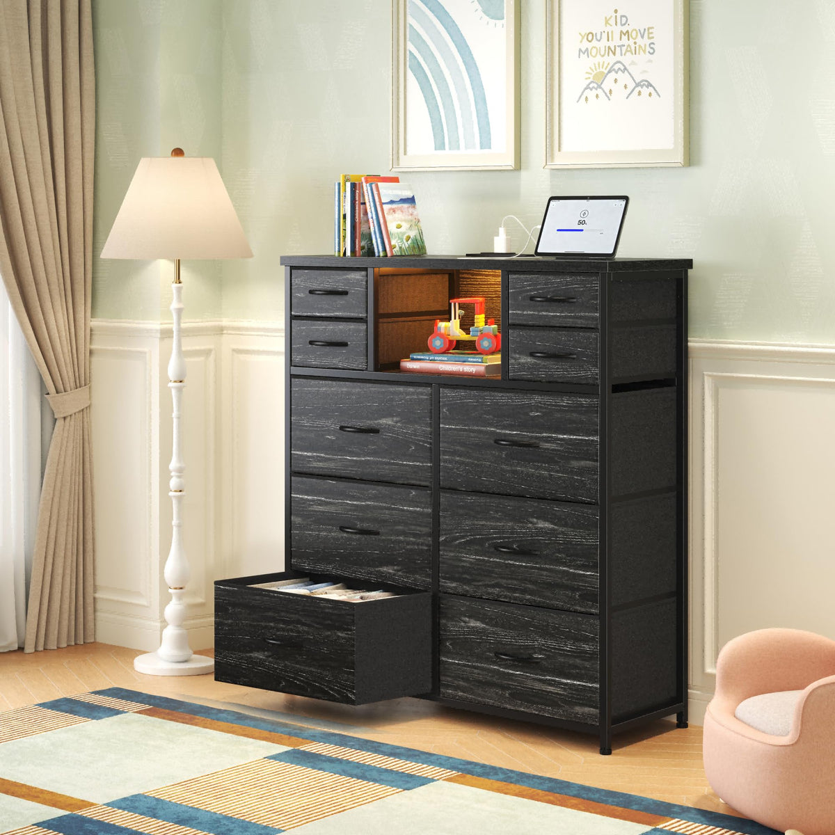 Black 10 Drawer Dresser with LED & Charging Station J841