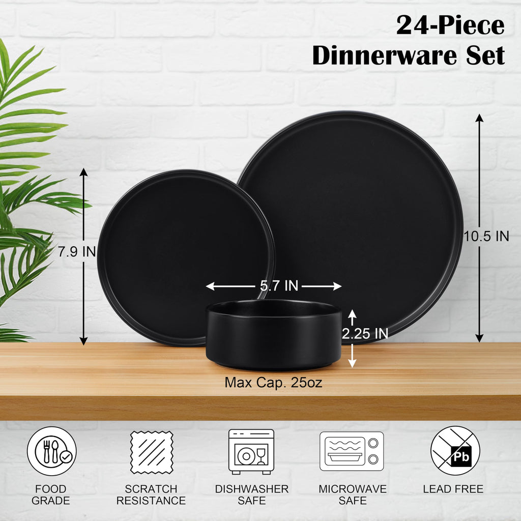 Black 24-Piece Stoneware Dinnerware Set for 8 B295