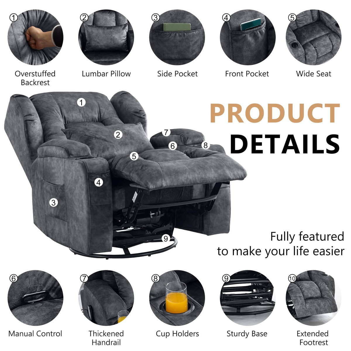 Manual Swivel Rocker Recliner Chair Velvet Grey U143