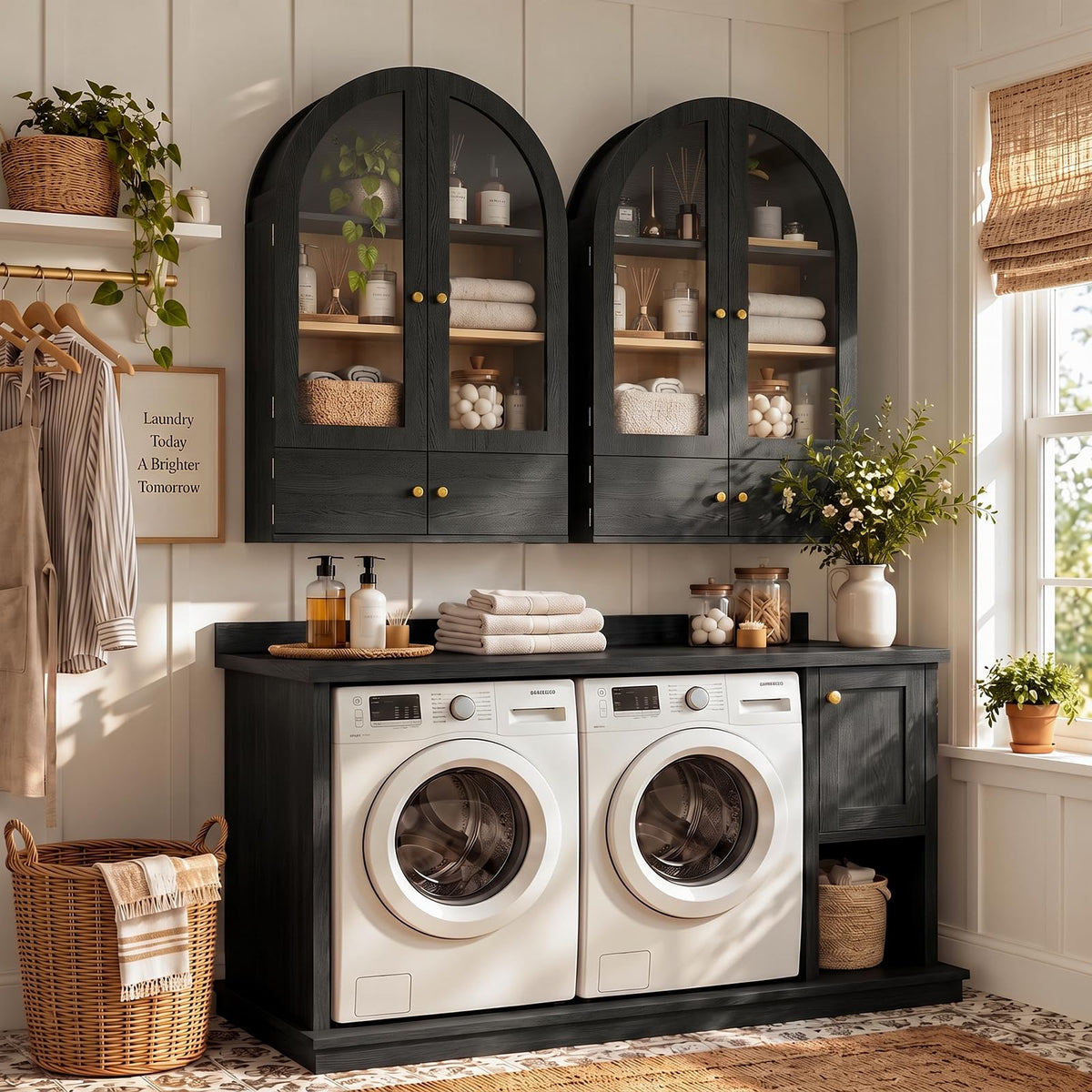 Black Arched Wall Mounted Cabinet with Glass Doors L58476