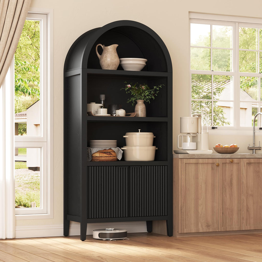 Black 5-Tier Arched Bookshelf with Fluted Doors N67108
