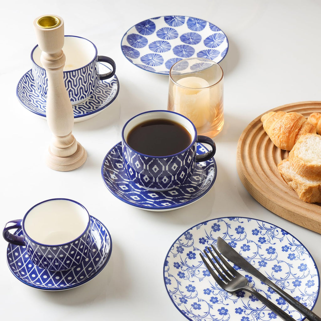 Ceramic Dinnerware Sets 12 Piece Cappuccino Cups with Saucers and Metal Stand I94814