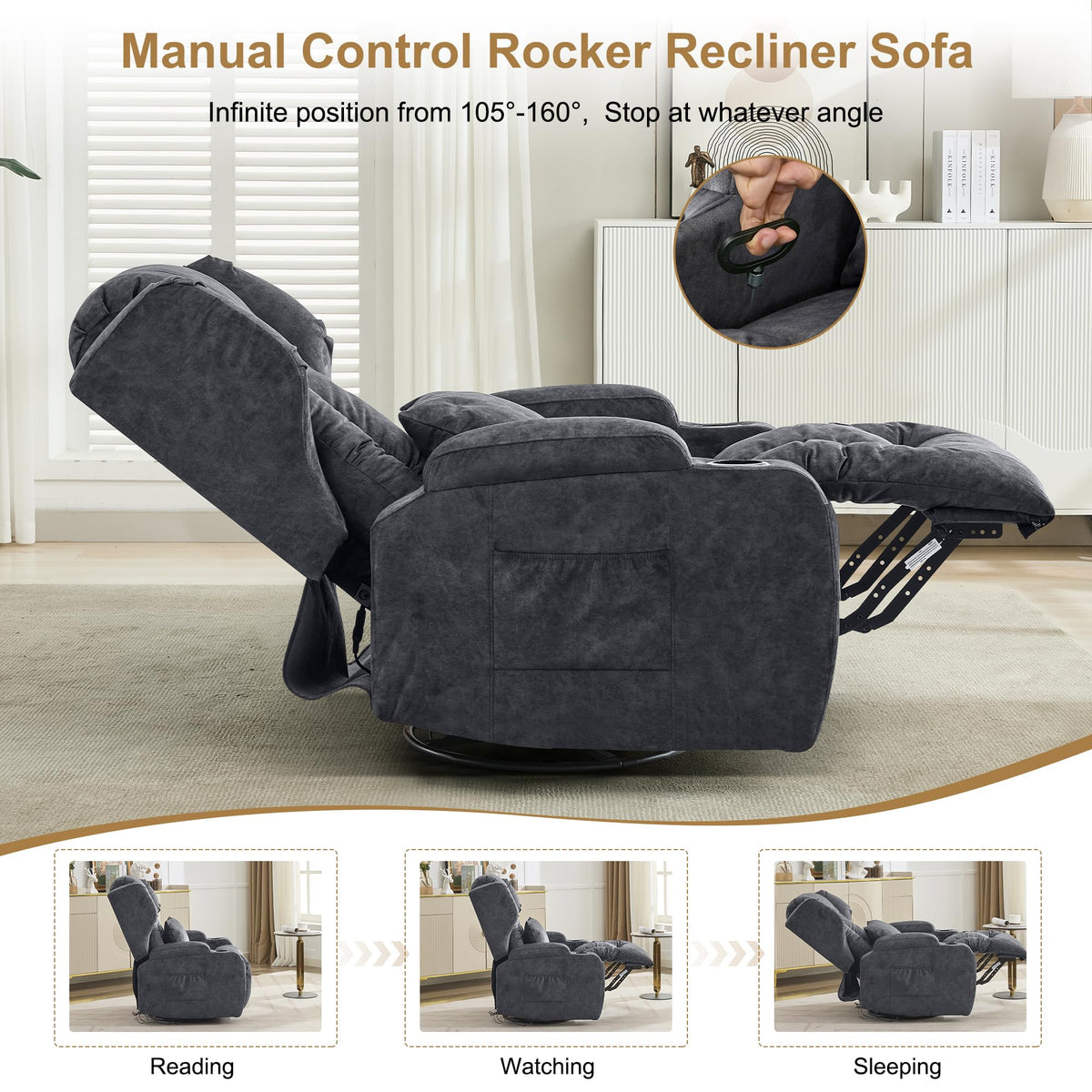 Manual Swivel Rocker Recliner Chair Velvet Grey U143