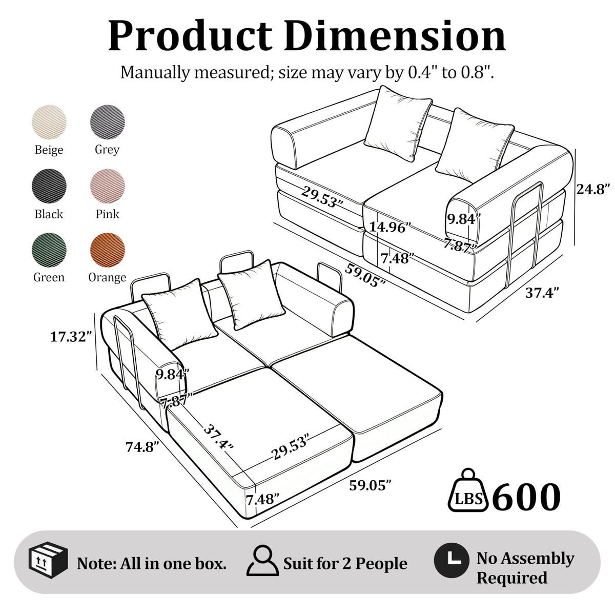 Green Corduroy Convertible Sofa Bed with 2 Pillows D76486
