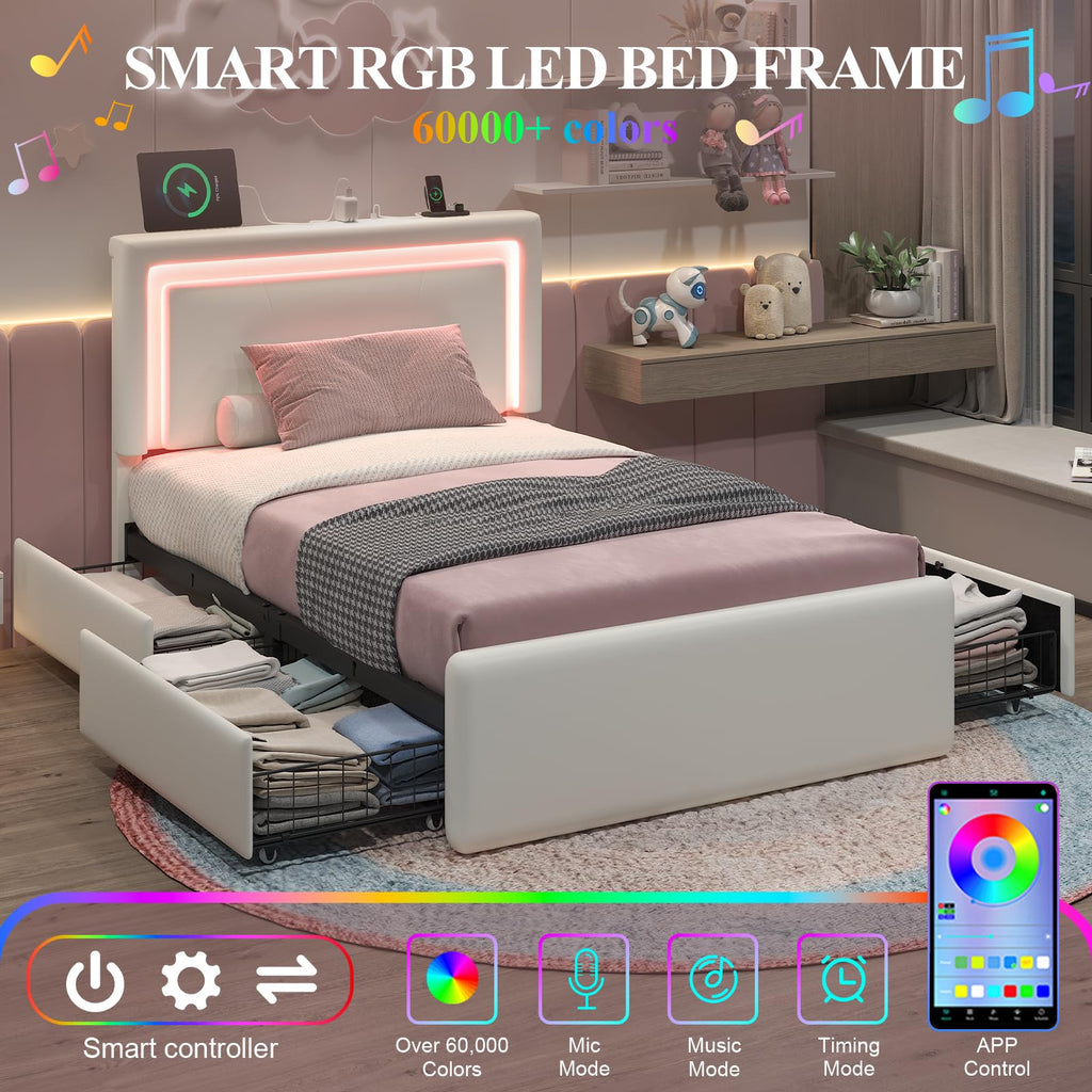 White Twin Size Bed Frame with 4 Storage Drawers Y5788