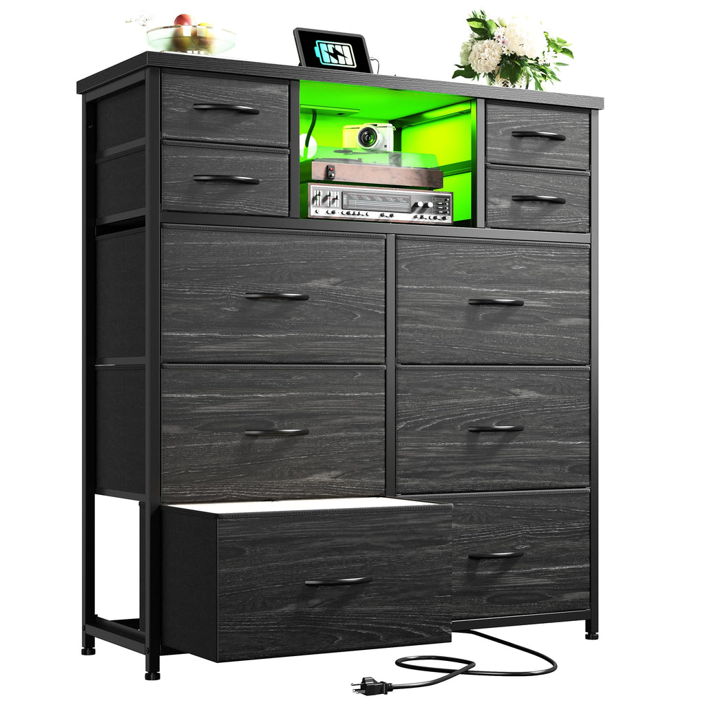 Black 10 Drawer Dresser with LED & Charging Station J841