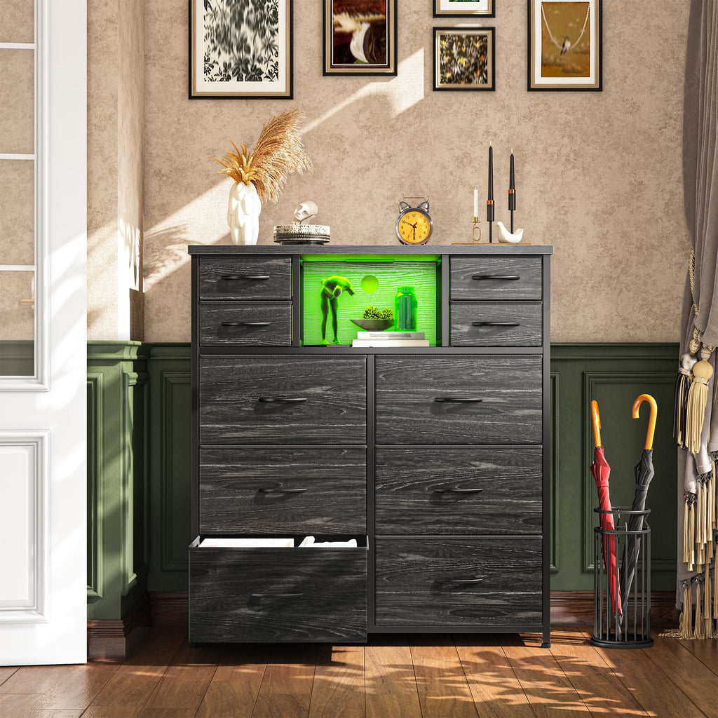 Black 10 Drawer Dresser with LED & Charging Station J841