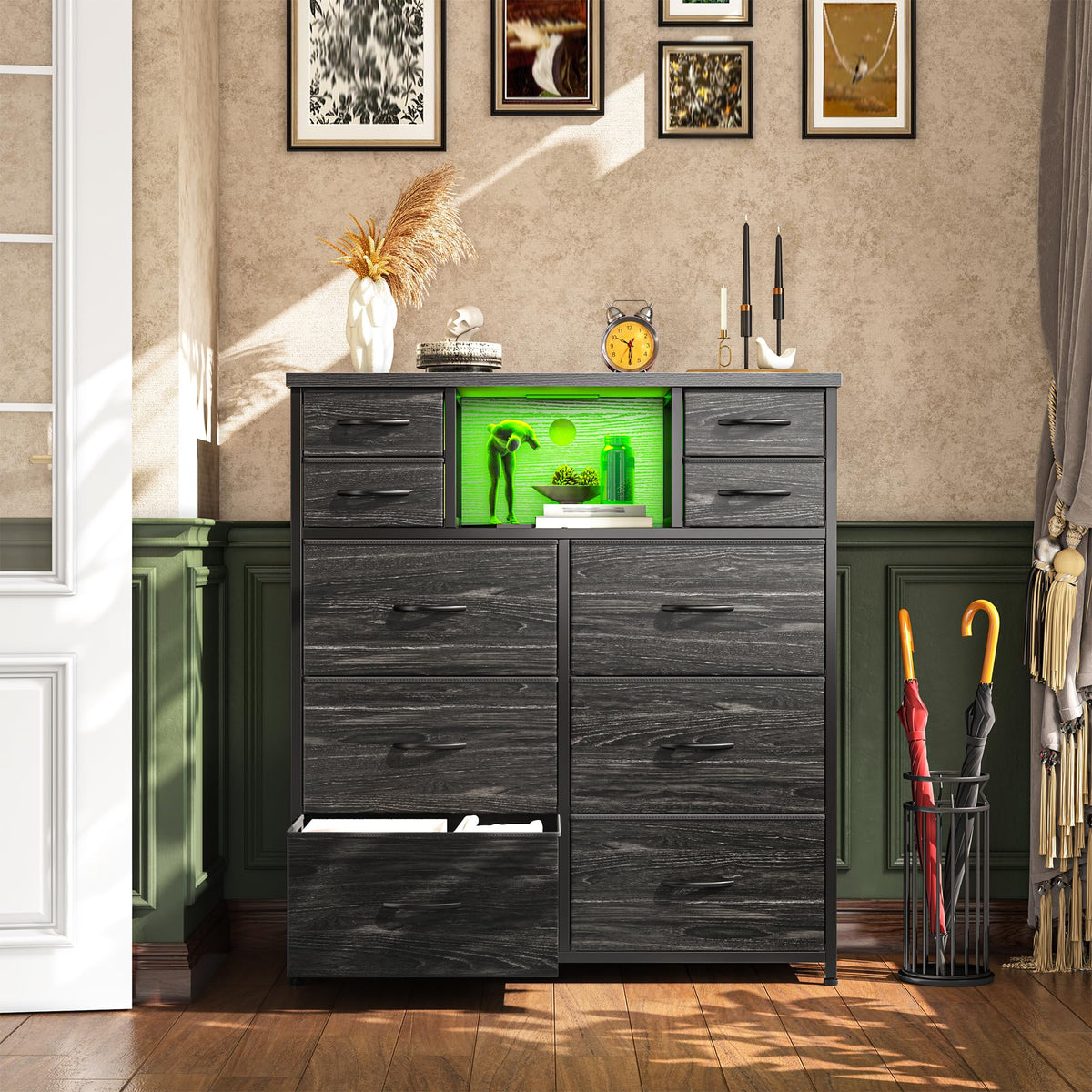 Black 10 Drawer Dresser with LED & Charging Station J841