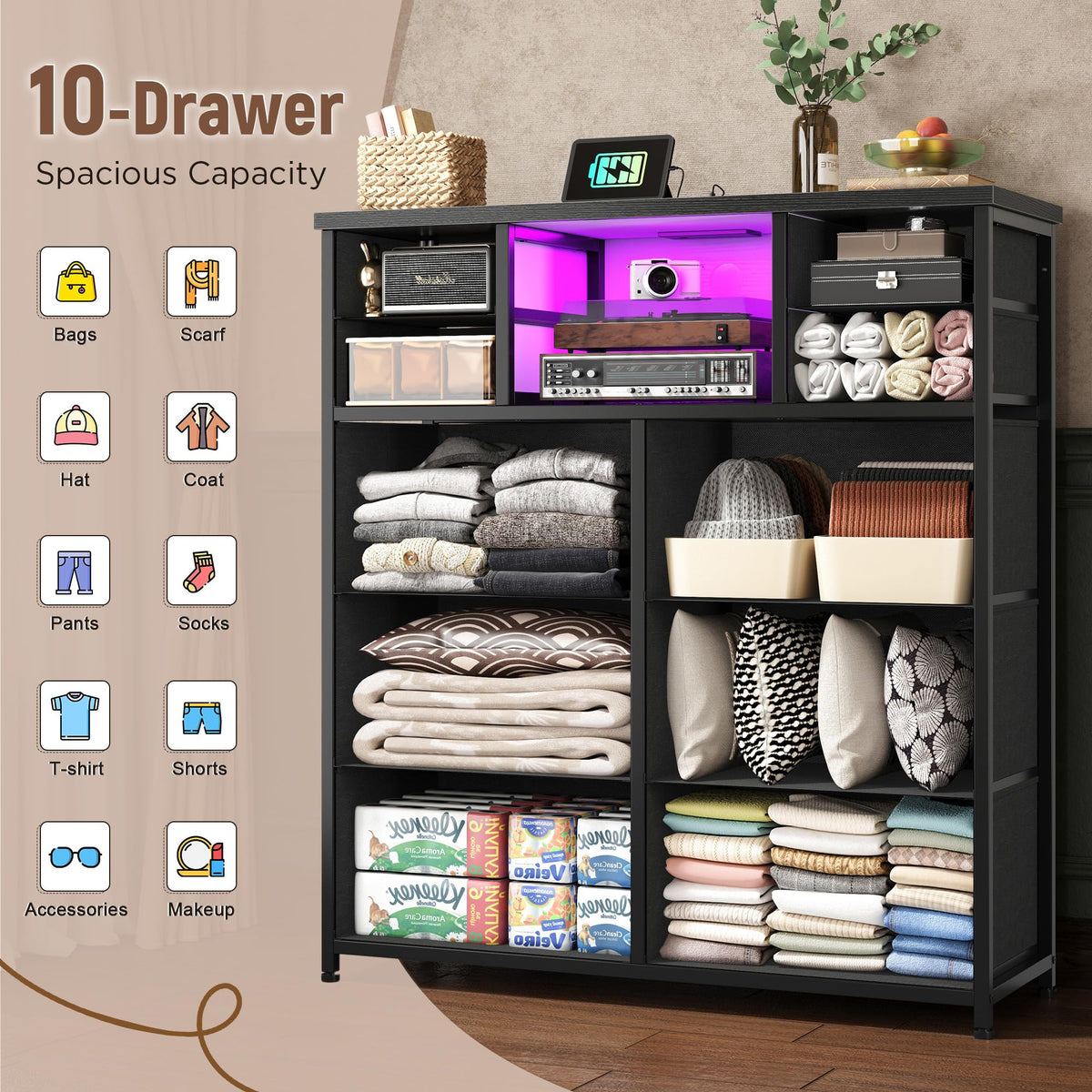 Black 10 Drawer Dresser with LED & Charging Station J841