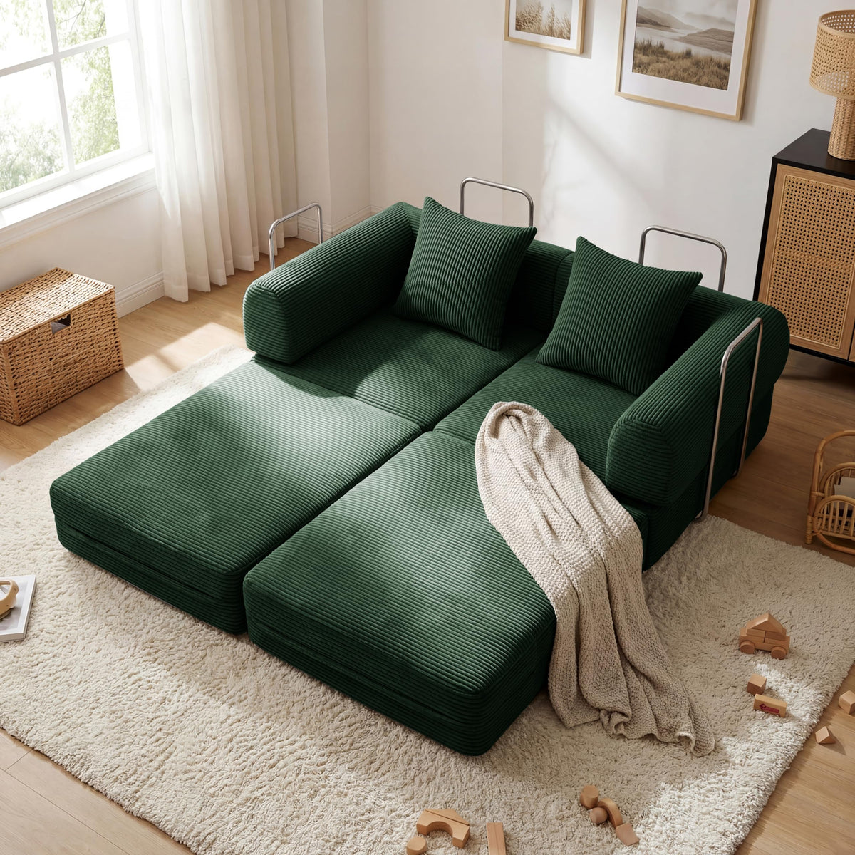 Green Corduroy Convertible Sofa Bed with 2 Pillows D76486