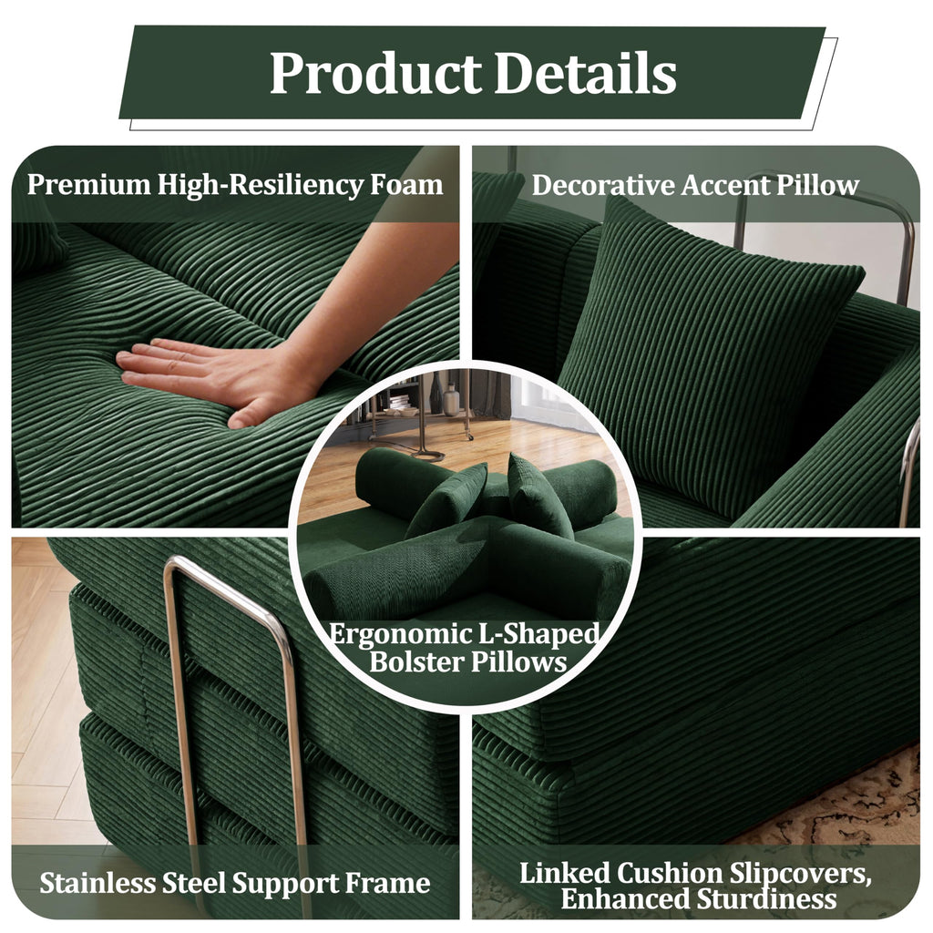 Green Corduroy Convertible Sofa Bed with 2 Pillows D76486