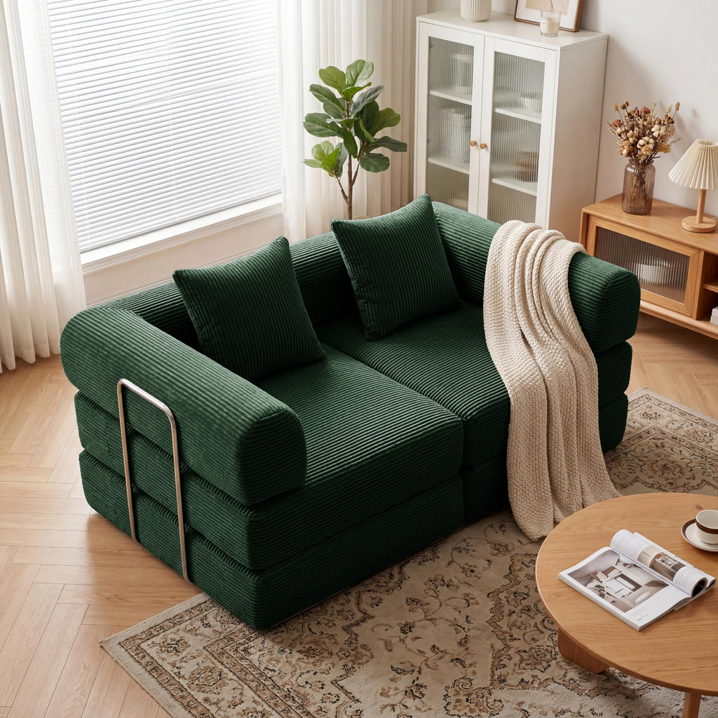 Green Corduroy Convertible Sofa Bed with 2 Pillows D76486