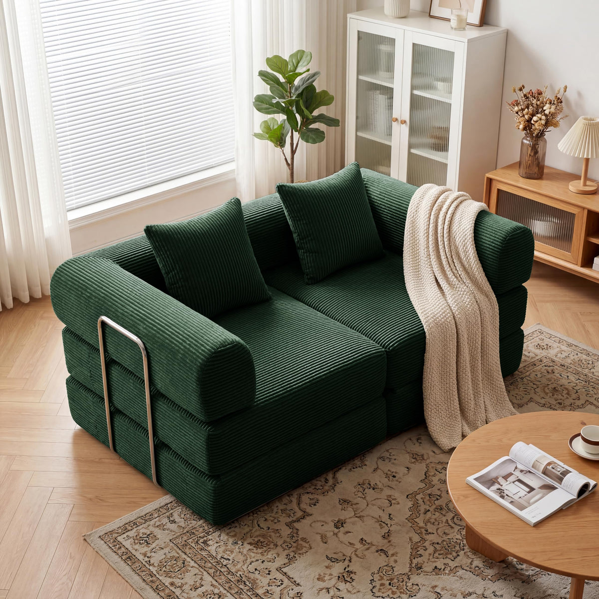 Green Corduroy Convertible Sofa Bed with 2 Pillows D76486